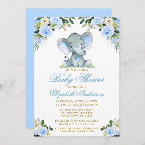 Baby Shower Elephant Watercolor Blue Floral Gold Invitation