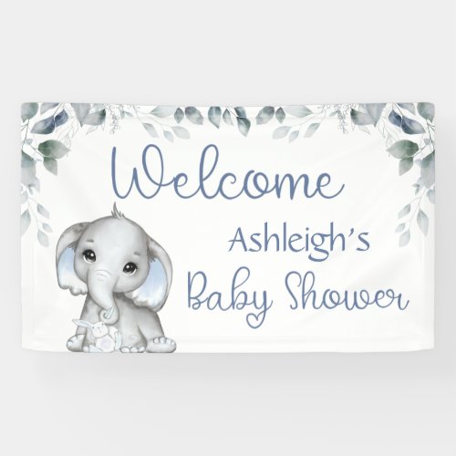 Baby Shower Elephant Watercolor Botanical Blue Banner