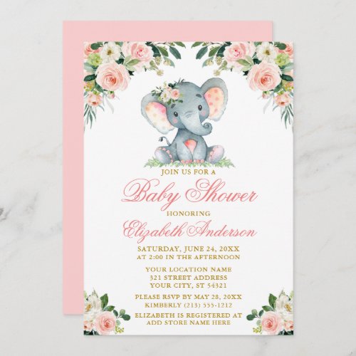 Baby Shower Elephant Watercolor Pink Floral Gold Invitation