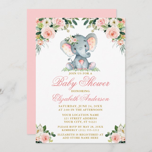 Baby Shower Elephant Watercolor Pink Floral Gold Invitation (Front/Back)