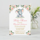 Baby Shower Elephant Watercolor Pink Floral Gold Invitation (Standing Front)
