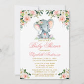 Baby Shower Elephant Watercolor Pink Floral Gold Invitation (Front)