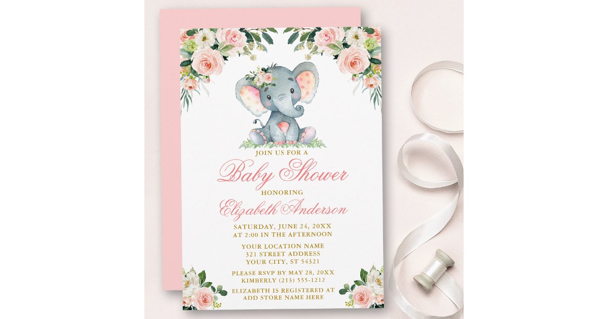 Baby Shower Elephant Watercolor Pink Floral Gold Invitation | Zazzle