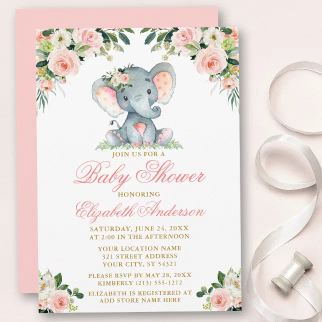 Baby Shower Elephant Watercolor Pink Floral Gold Invitation | Zazzle