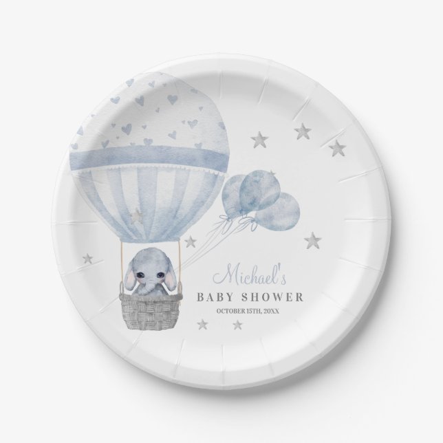 Baby Shower Elephant with Air Hot Balloon    Paper Plates (Front)