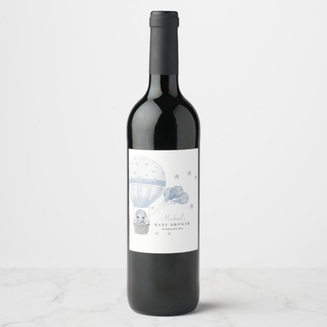 Baby Shower Elephant with Air Hot Balloon   Wine Label (Front)