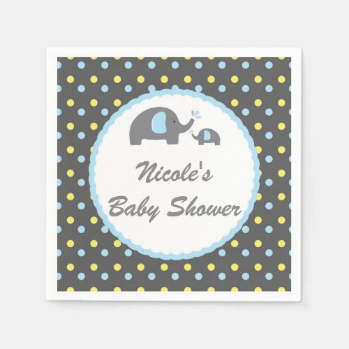 Baby Shower Elephants Blue Grey  Yellow Napkins