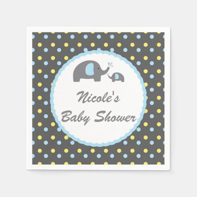 Baby Shower Elephants Blue Grey & Yellow Napkins (Front)