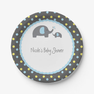 Baby Shower Elephants Blue Grey & Yellow Paper Plates