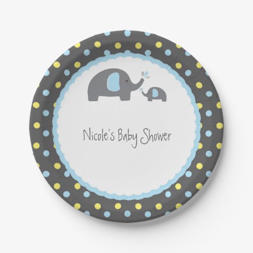 Baby Shower Elephants Blue Grey  Yellow Paper Plates