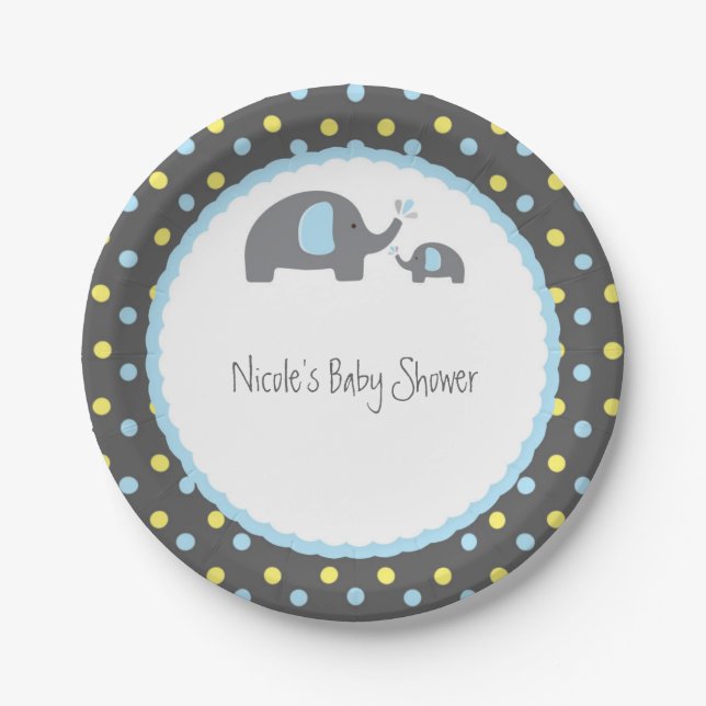 Baby Shower Elephants Blue Grey & Yellow Paper Plates (Front)