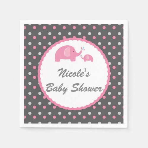 Baby Shower Elephants Pink Grey  White Paper Napkins
