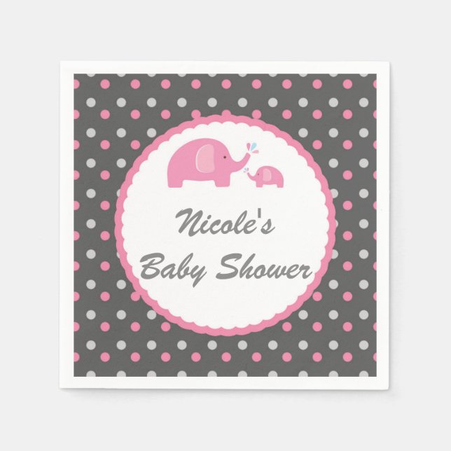 Baby Shower Elephants Pink Grey & White Paper Napkins (Front)