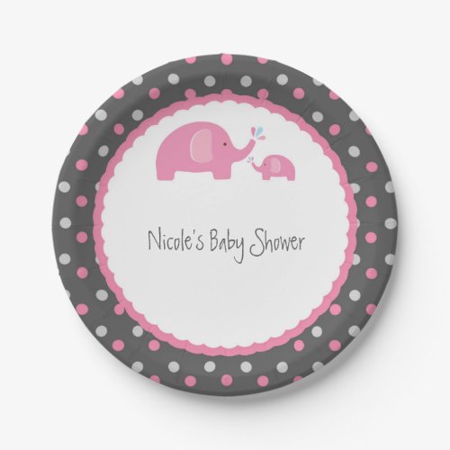 Baby Shower Elephants Pink Grey  White Paper Plates