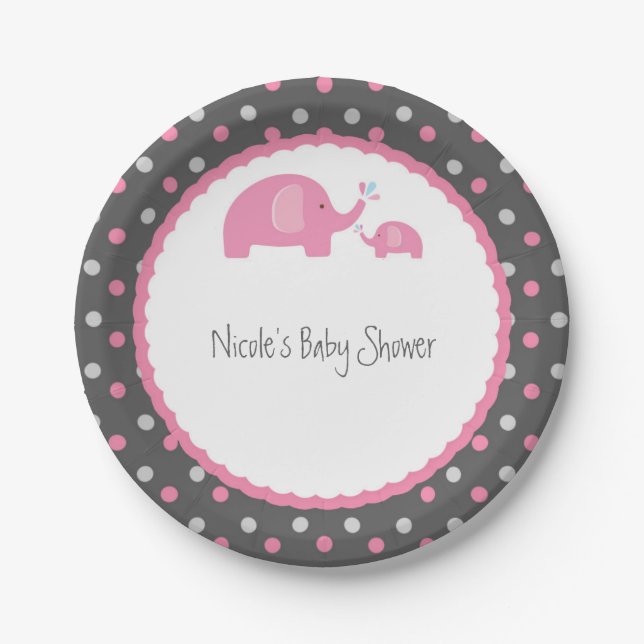 Baby Shower Elephants Pink Grey & White Paper Plates (Front)