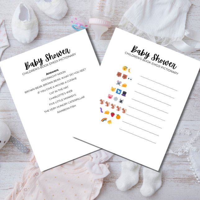 Baby Shower Emoji Game Letterhead (Guess the Children’s Book Emoji Game and answer sheet preview)