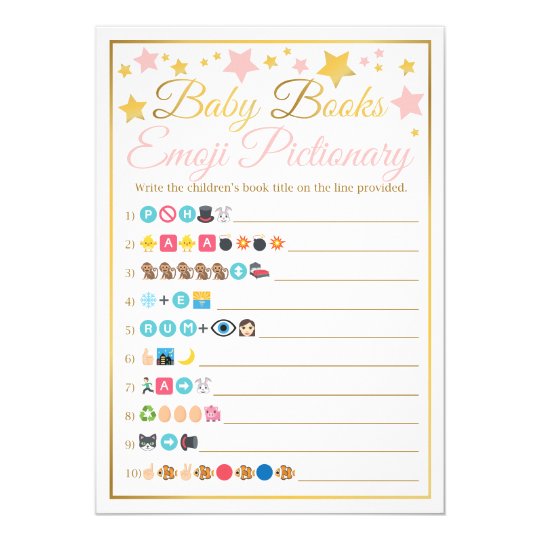 baby shower emoji pictionary game pink gold stars invitation