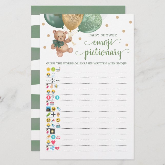 Baby Shower Emoji Pictionary Game Teddy Bear Theme (Front/Back)