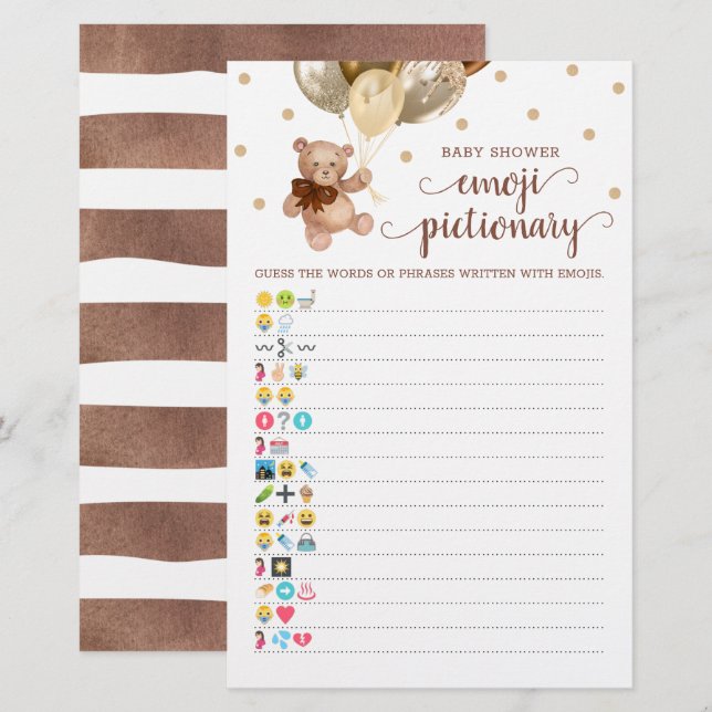 Baby Shower Emoji Pictionary Game Teddy Bear Theme (Front/Back)