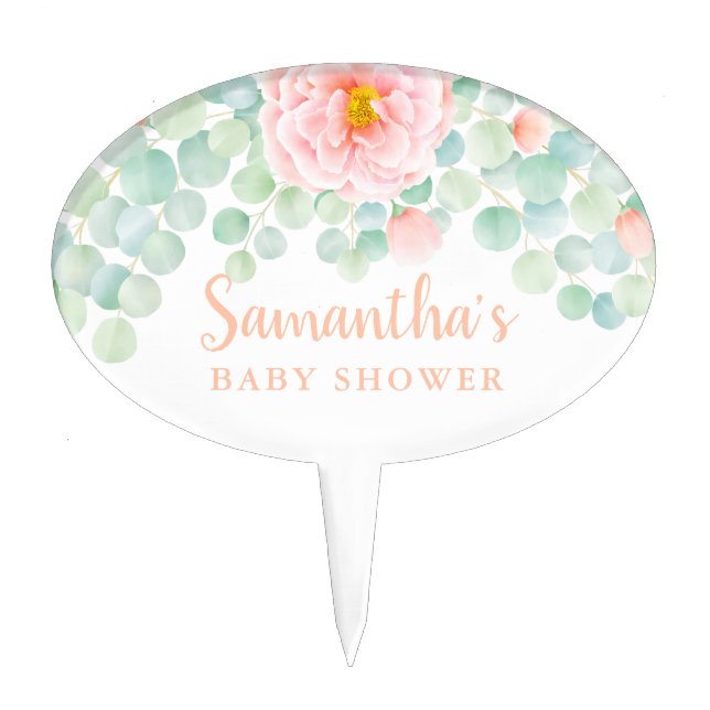 Baby Shower Eucalyptus Foliage Floral Peach Sage Cake Topper (Front)