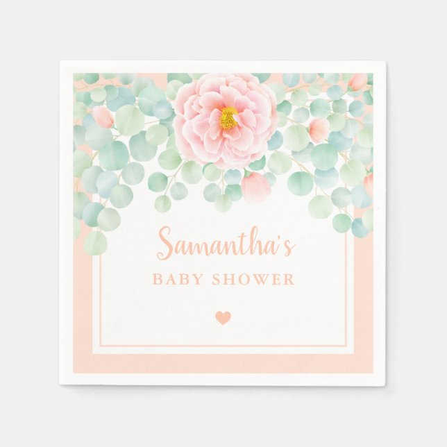 Baby Shower Eucalyptus Foliage Floral Peach Sage Napkins (Front)
