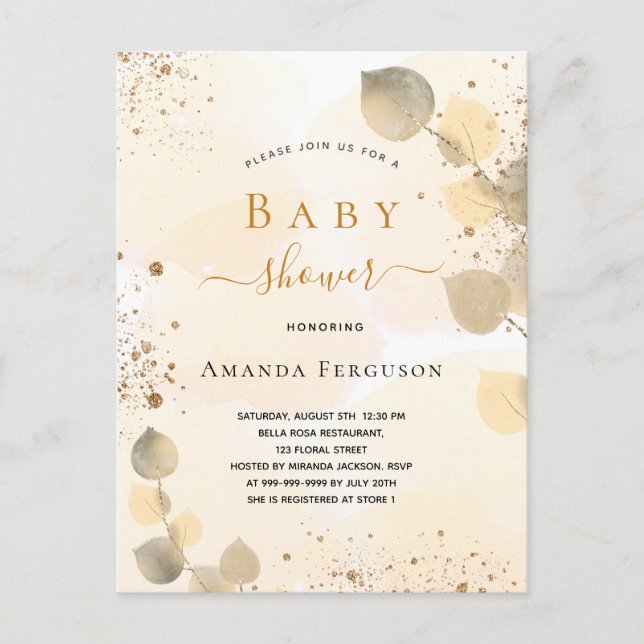 Baby Shower eucalyptus glitter golden fall  Invitation Postcard (Front)