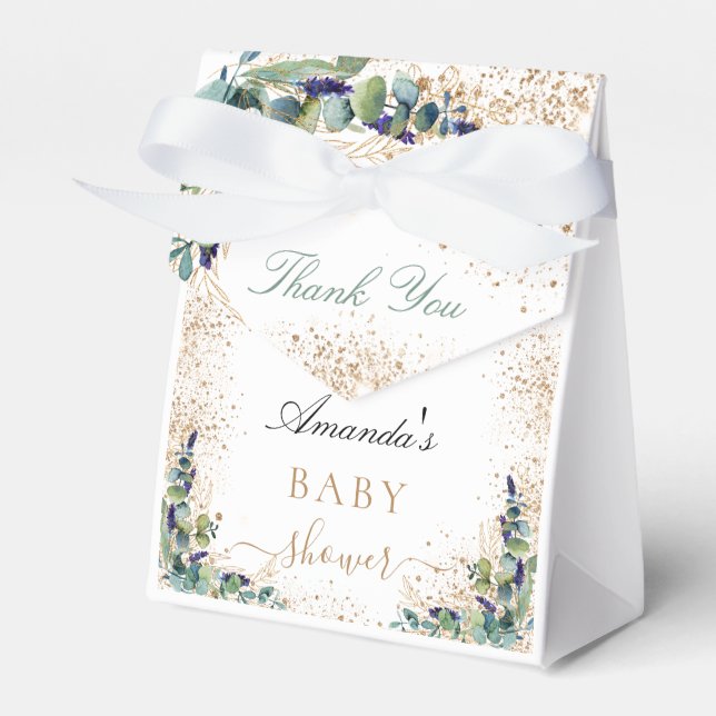 Baby shower eucalyptus glitter name thank you favor boxes (Front Side)