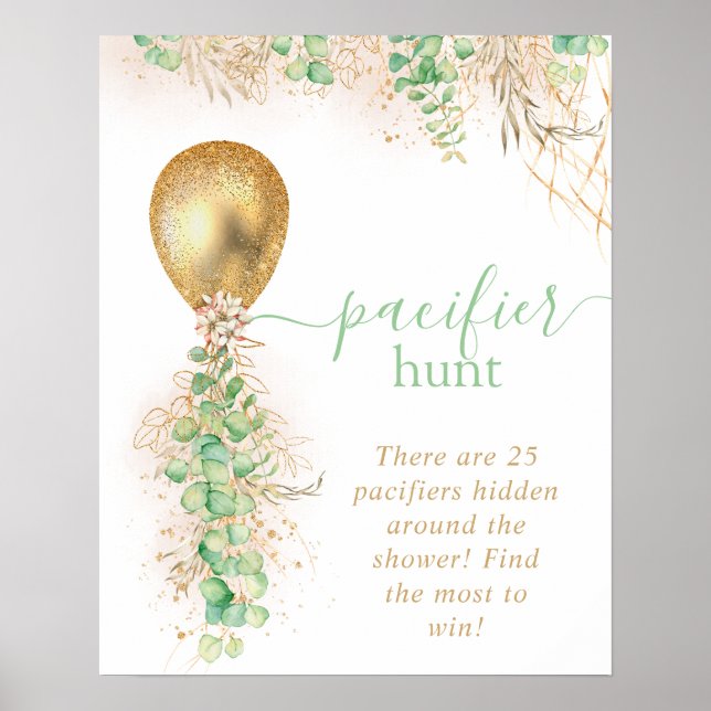  Baby Shower Eucalyptus Gold Balloon Pacifier Hunt Poster (Front)