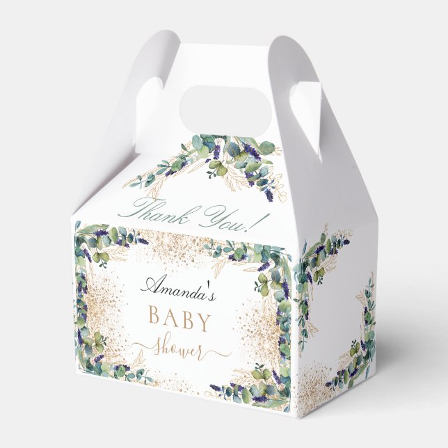 Baby shower eucalyptus gold glitter thank you favor boxes (Front Side)