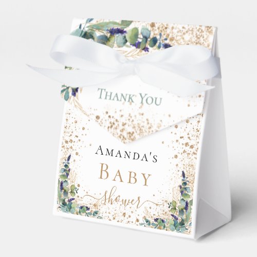 Baby shower eucalyptus gold glitter thank you favor boxes