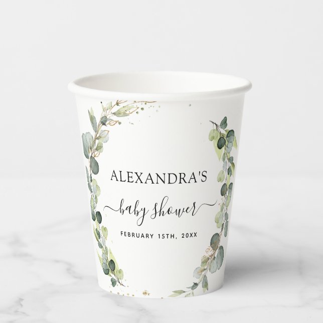 Baby Shower Eucalyptus Greenery Boho Paper Cups (Front)