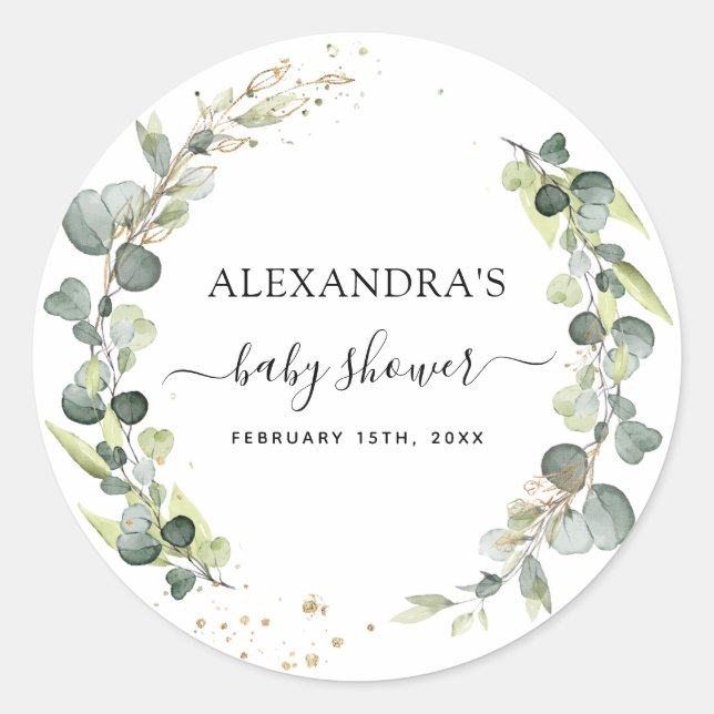 Baby Shower Eucalyptus Greenery Boho Rustic Classic Round Sticker (Front)