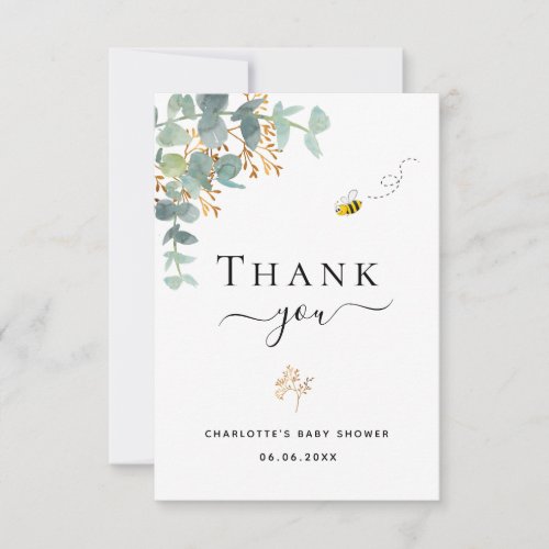 Baby Shower eucalyptus greenery elegant cute bee Thank You Card
