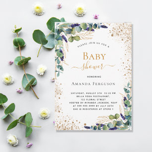 Baby Shower eucalyptus greenery gold glitter Invitation
