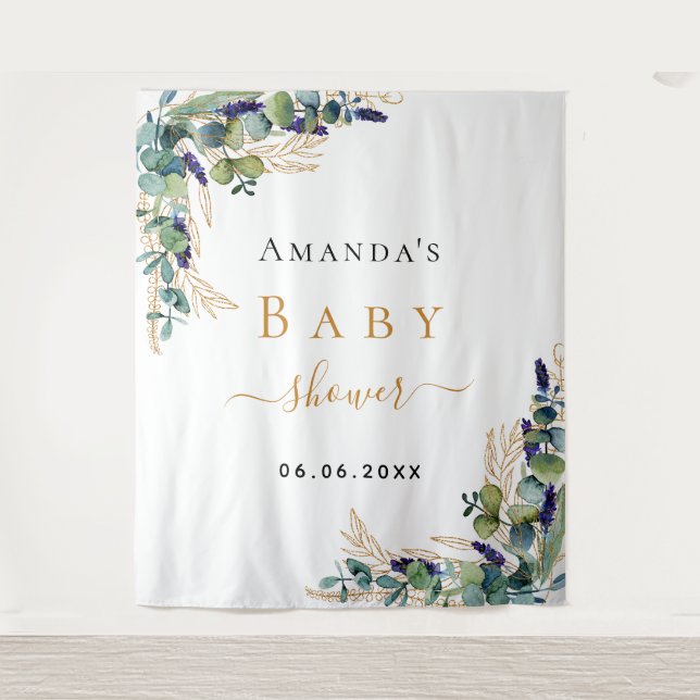 Baby Shower eucalyptus greenery gold monogram Tapestry (Front)