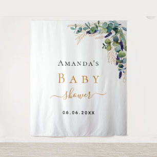Baby Shower eucalyptus greenery gold name Tapestry