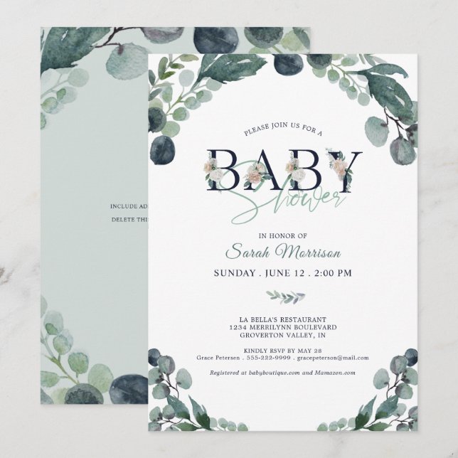 Baby Shower Eucalyptus Greenery Navy Blue Invitation (Front/Back)