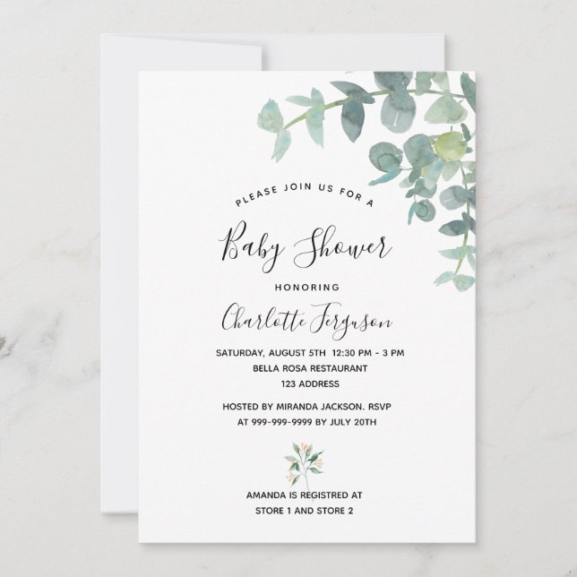 Baby Shower eucalyptus greenery white elegant Invitation (Front)