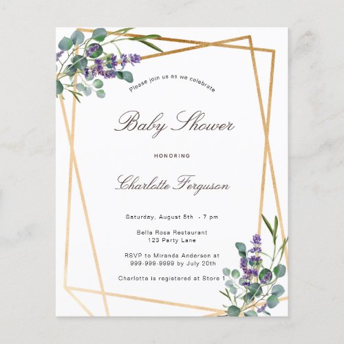 Baby shower eucalyptus lavender geo budget flyer