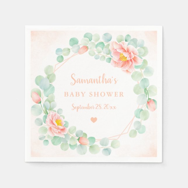 Baby Shower Eucalyptus Leaves Floral Wreath Peach Napkins (Front)