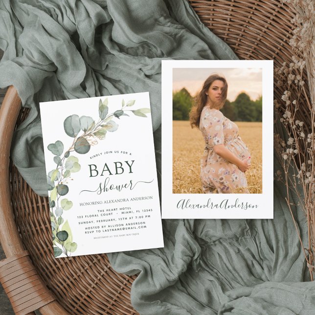 Baby Shower Eucalyptus Sage Green Photo Greenery  Invitation (Creator Uploaded)