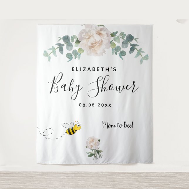 Baby Shower eucalyptus white floral mom to bee Tapestry (Front)