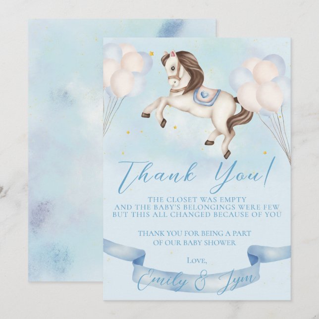 Baby Shower Fairytale Pony Stars Blue Balloons Thank You Card (Front/Back)