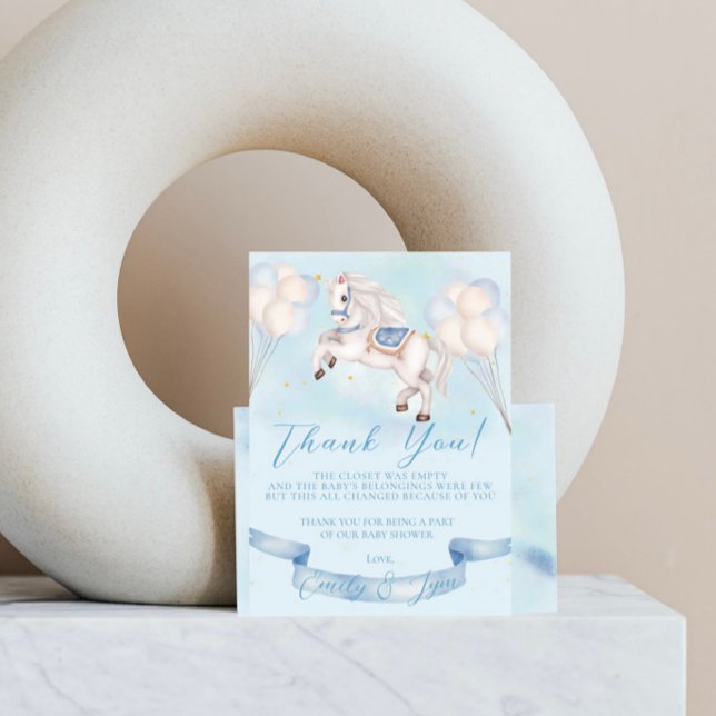 Baby Shower Fairytale Pony Stars Blue Balloons Thank You Card (Creator Uploaded)