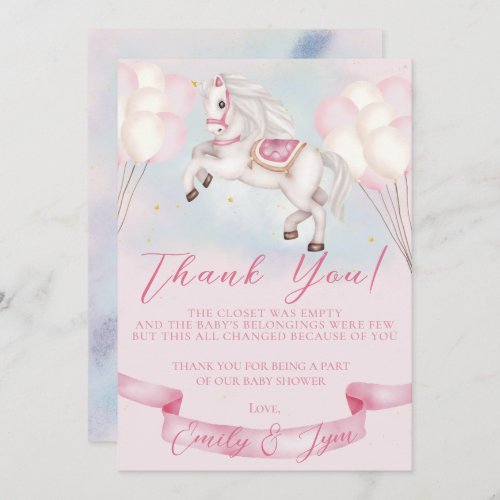 Baby Shower Fairytale Pony Stars Pink Balloons Thank You Card