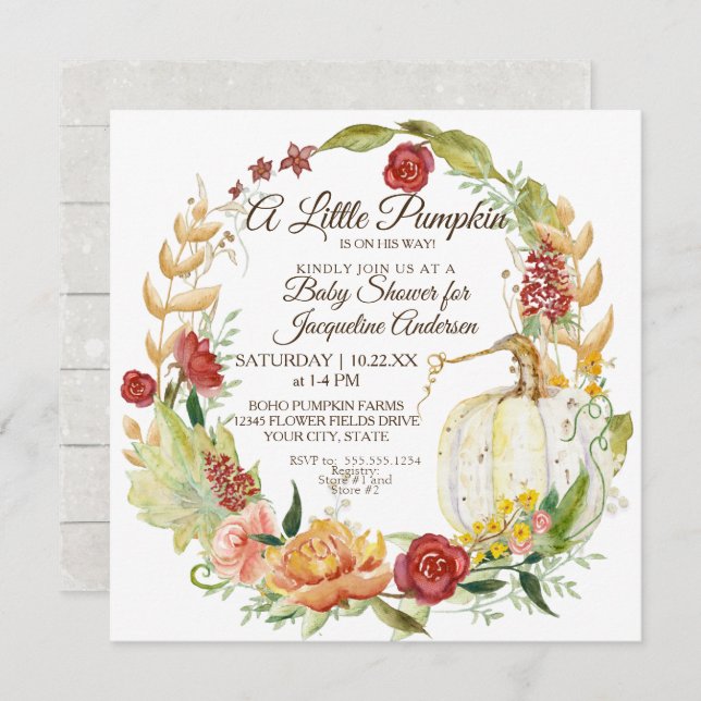 Baby Shower Fall Floral Burgundy White Pumpkin Invitation (Front/Back)