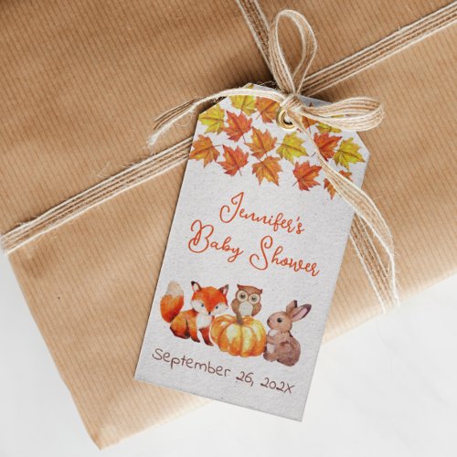 Baby Shower Fall Leaves Pumpkin Cute Fox Bunny Owl Gift Tags