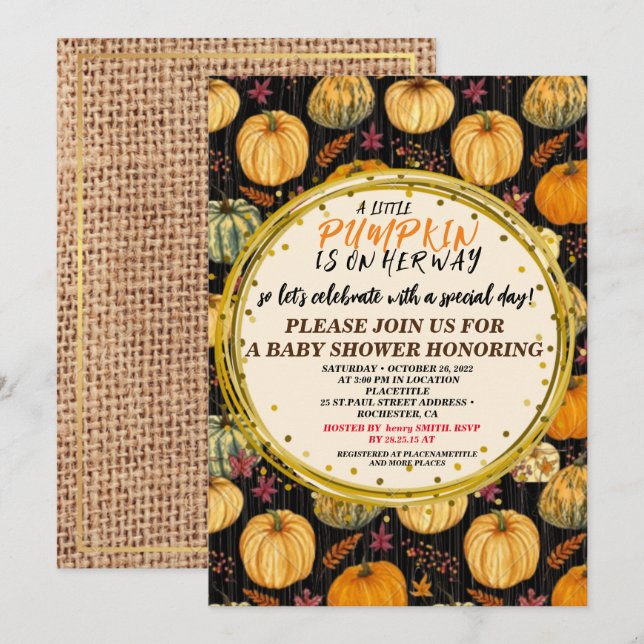 Baby Shower Fall Pumpkin Rustic Burlap Wood unisex Invitation (Front/Back)