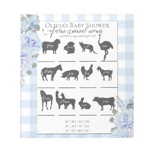 Baby Shower Farm Animal Games Blue Roses Gingham Notepad