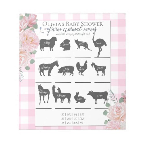 Baby Shower Farm Animal Games Pink Roses Gingham Notepad